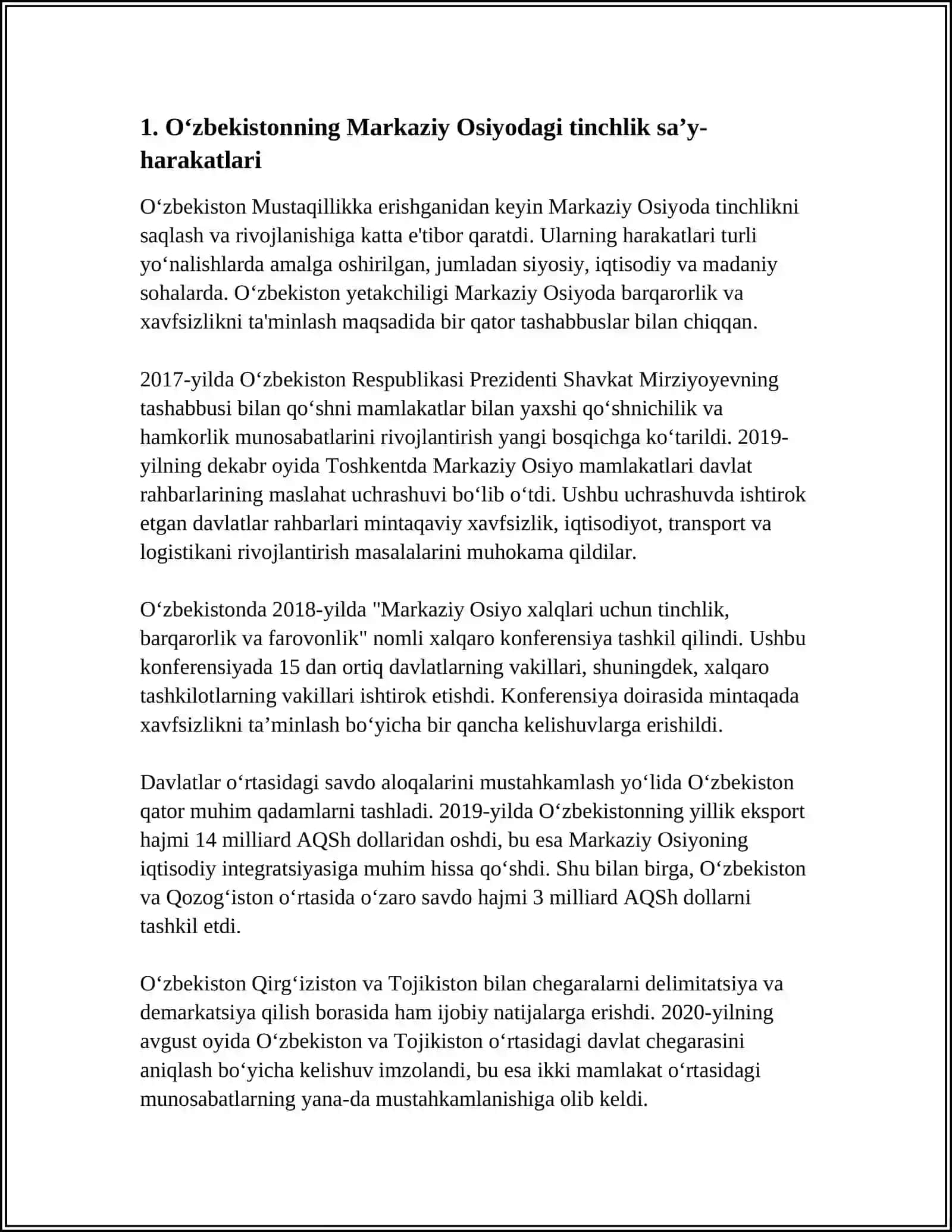 Oʻzbekistonning Markaziy OSIyoda Tinchlik va Barqarorlikni Taʼminlashdagi Oʻrni 3