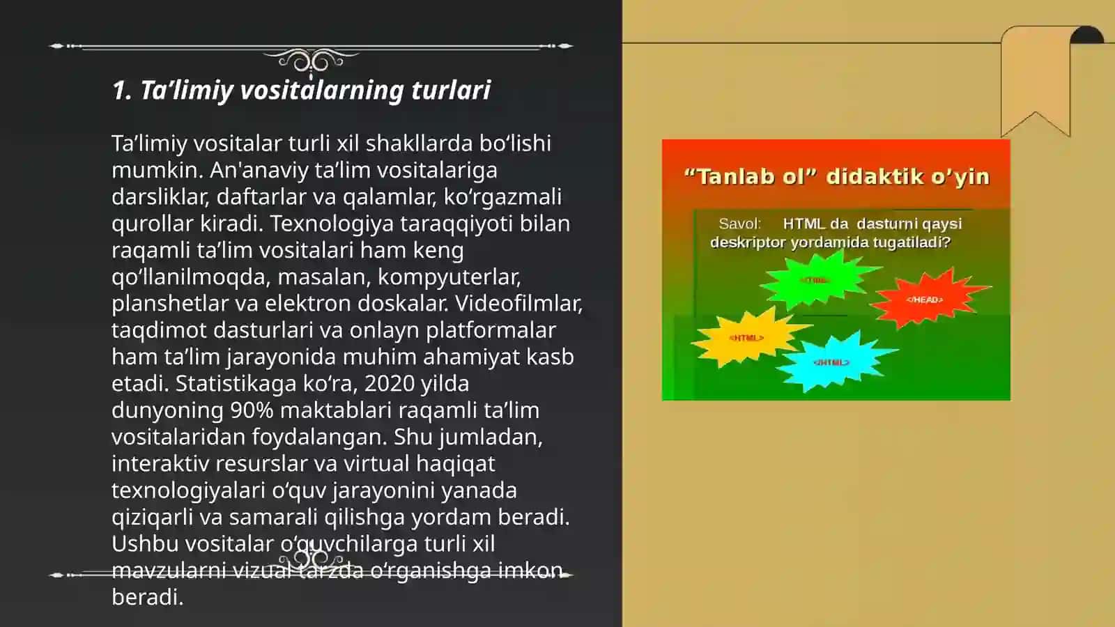 Taʼlimiy vositalar. Oʻquv texnika vositalari. Darsni tashkil qilishga tayyorgarlik, bir soatlik dars reja konspektini tayyorlash 3