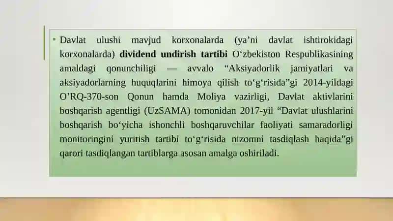 Davlat ulishi mavjud korxonalarda dividend undirish tartibi 3