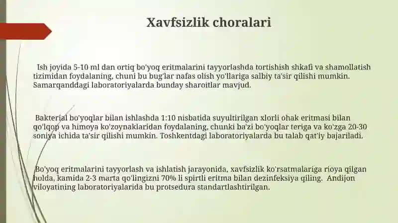 Bakteriologik bo‘yoqlarning asosiy va ishchi eritmasini tayyorlash 3