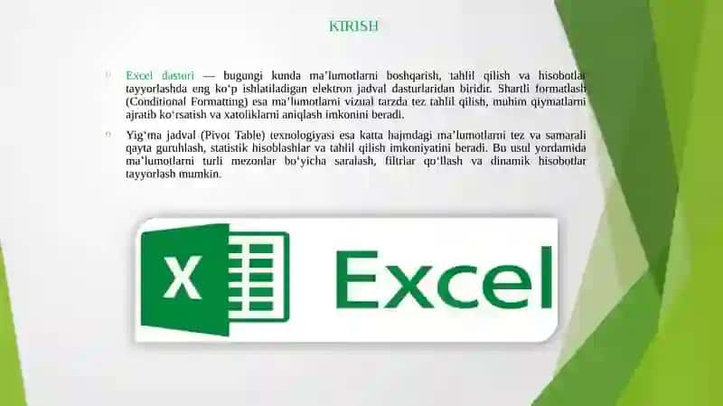 Exel dasturida ma’lumotlarni shartli formatlash. Yig’ma jadval (svodnaya tablitsa) hosil qilish va uni ustida amallar bajarish 3