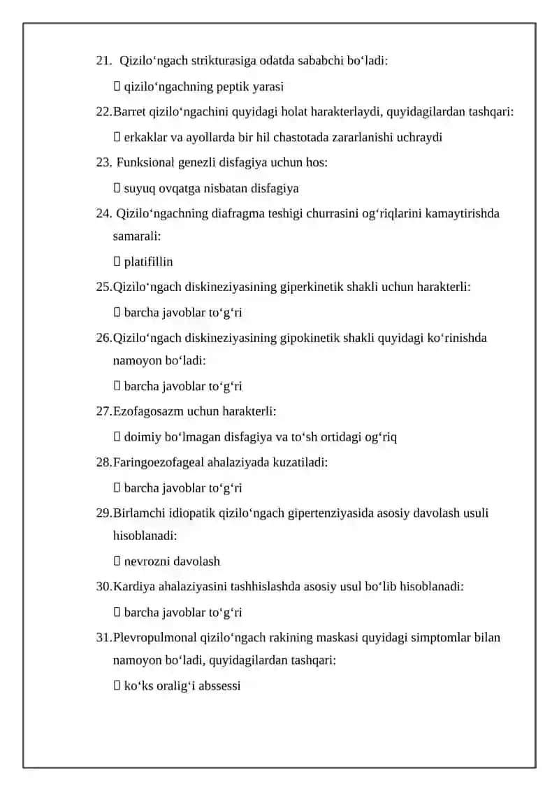 Gastroenterologiya mutaxassisligi boʻyicha shakllantirilgan test savollari roʻyxati 3