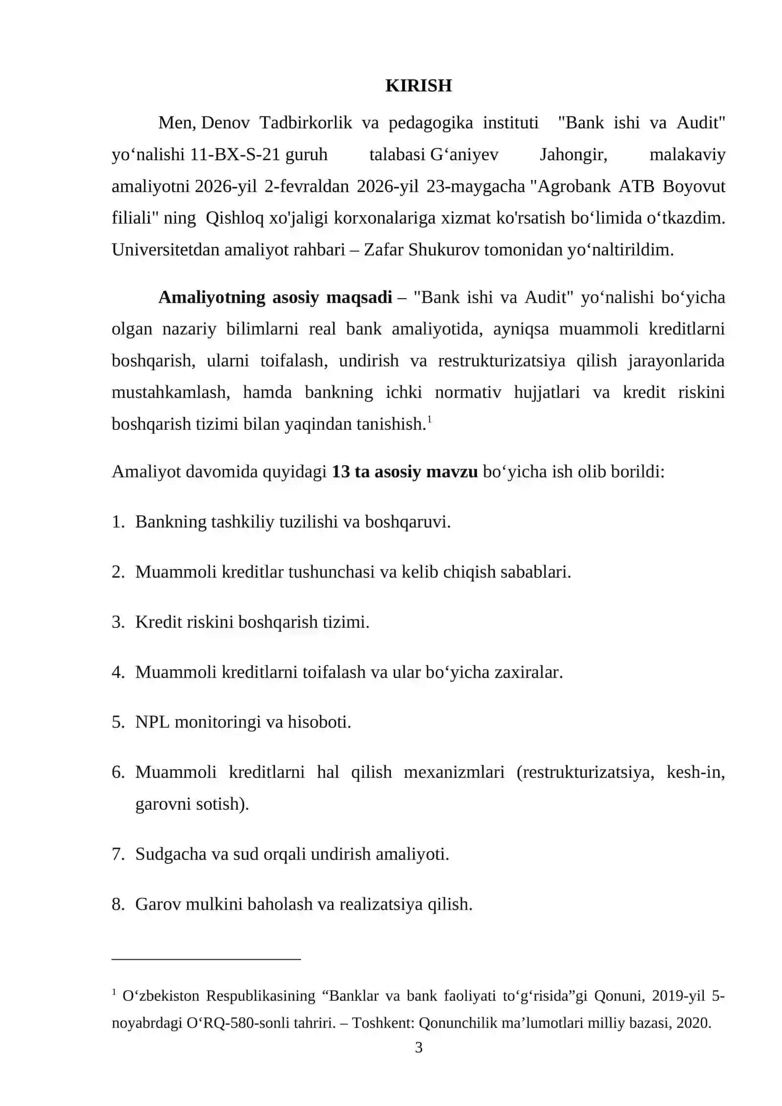 AMALIYOTI HISOBOTI. Agrobank ATB Boyovut filiali 3