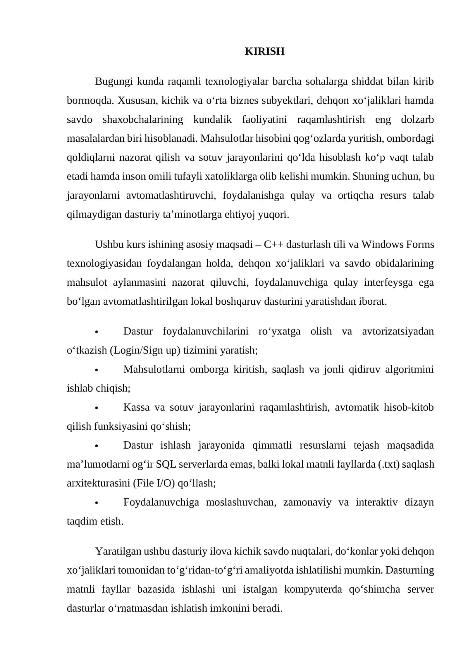 Visual Studio muhitida c++ dasturash tili va windows forms texnologiyasi orqali "Dehqon xo'jaligi mahsulotlari savdosi va hisobini yuritish dastur ilovasini yaratish" mavzusida Kurs ishi 3