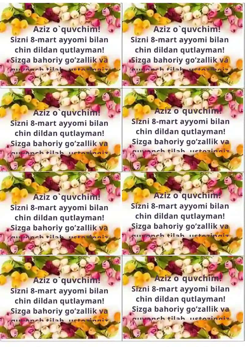 8 – mart Xalqaro xotin qizlar bayramiga tabrik shabloni. 3