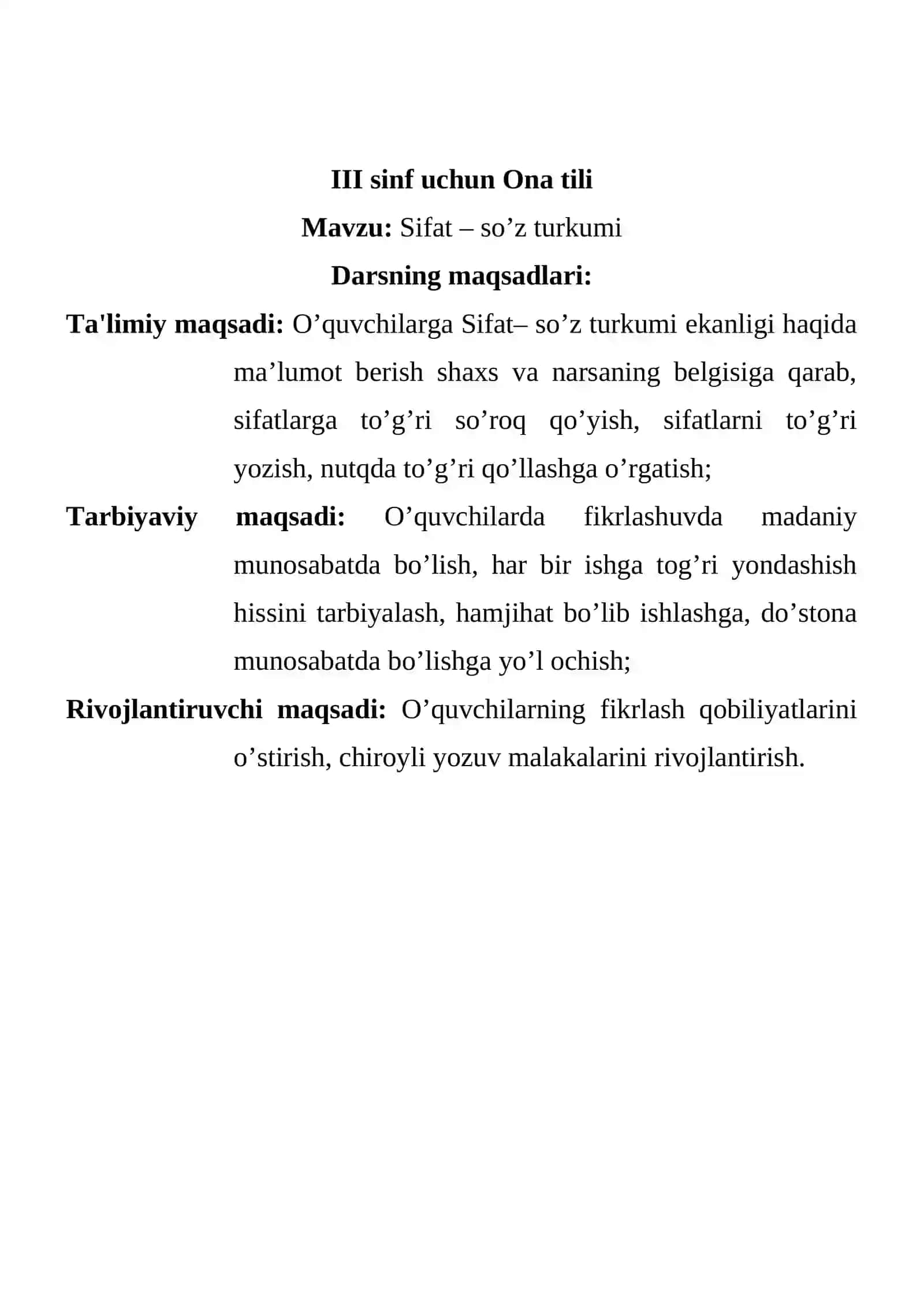3-sinf Ona tili Sifat so'z turkumi mavzuda dars ishlanma 3