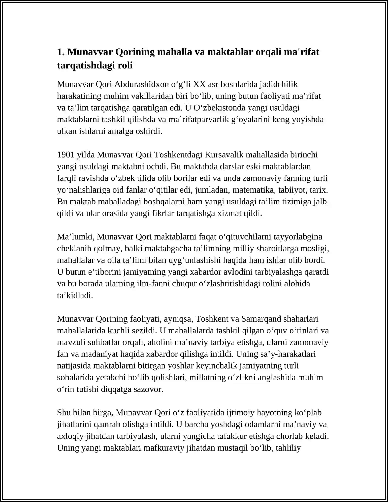 JADID MA'RIFATPARVARLARINING O'LKA IJTIMOIY-MA'NAVIY HAYOTIDA TUTGAN O'RNI(MUNAVVAR QORI,FITRAT,BEHBUDIY,AVLONIY) 3