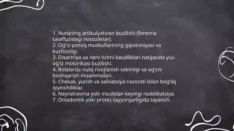 Logopedik massajni o'tkazish uchun ko'rsatmalar va man etish holatlari 3