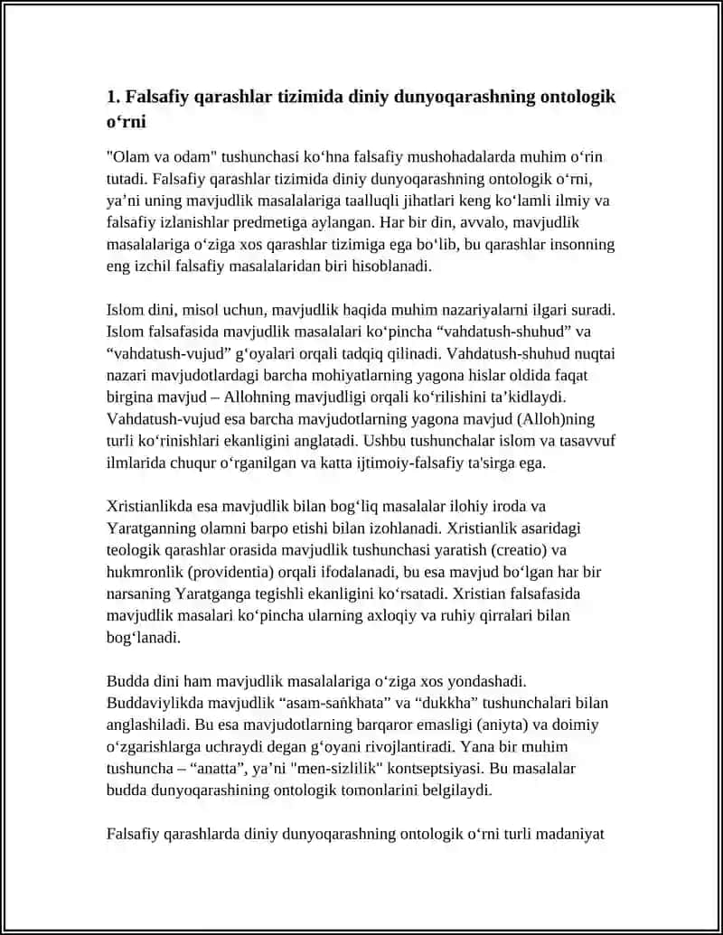 MUSTAQIL ISH: FALSAFIY QARASHLAR TIZMDA DINIY DUNYOQARASHNING ORNI MAVZUSDA MUSTAQIL ISHI 3
