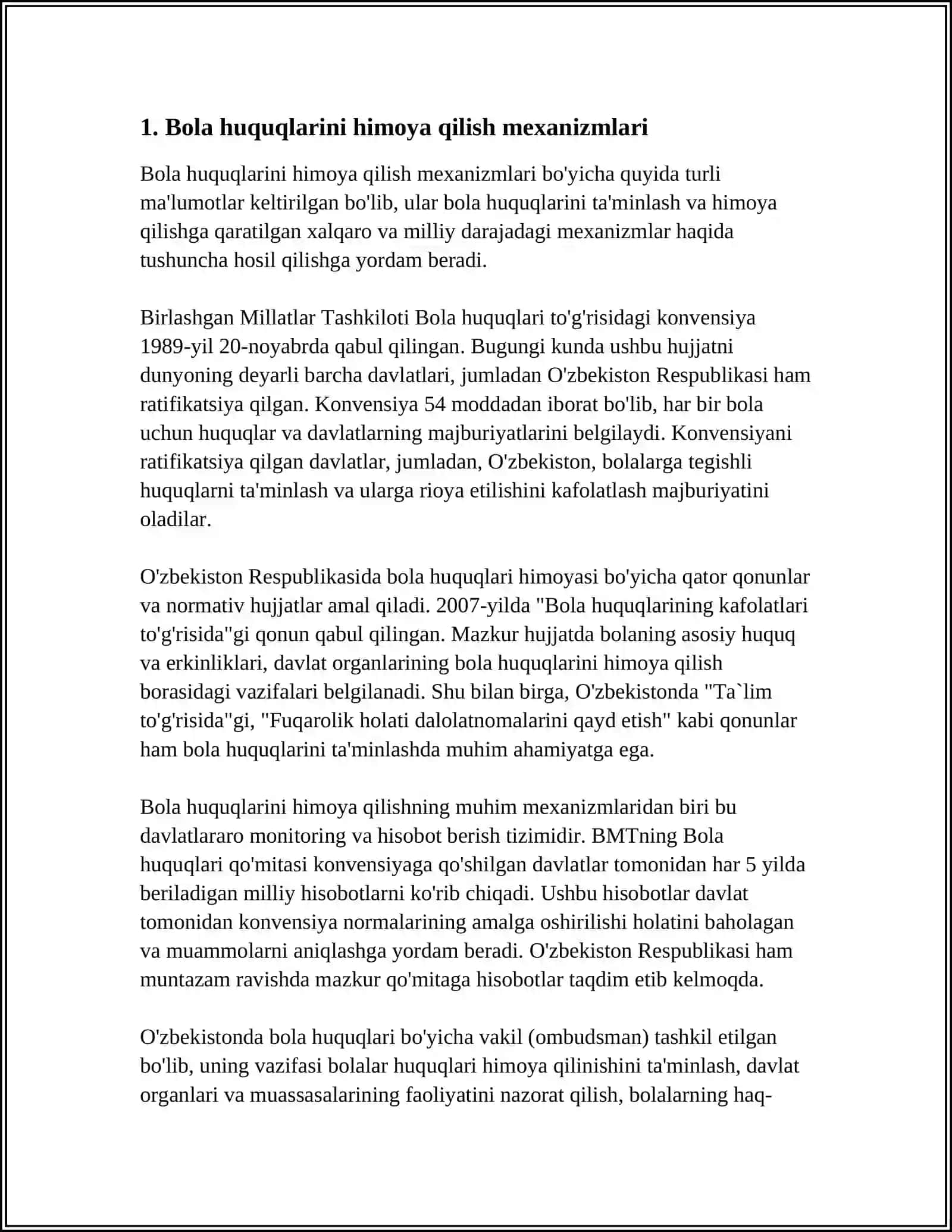 BMTNING "BOLA HUQUQLARI TOʻGʻRISIDAGI KONVENSIYASI" REFERAT 3