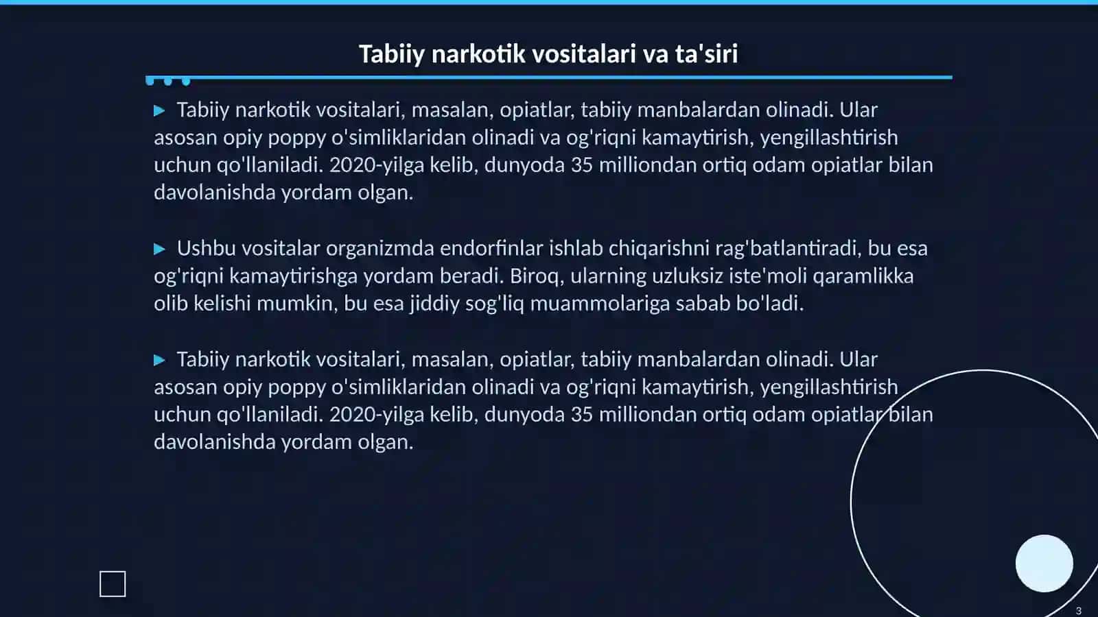 Tabiiy va sintetik narkotik vositalari.Foydasi va zarari 3