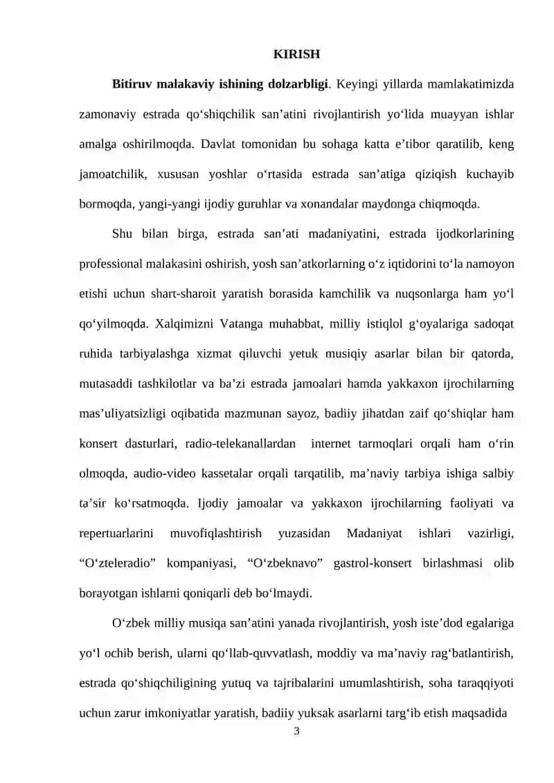 Vokal san’ati (an’anaviy xonandalik) yo’nalishi bo’yicha bakalavr akademik darajasini olish uchun 3