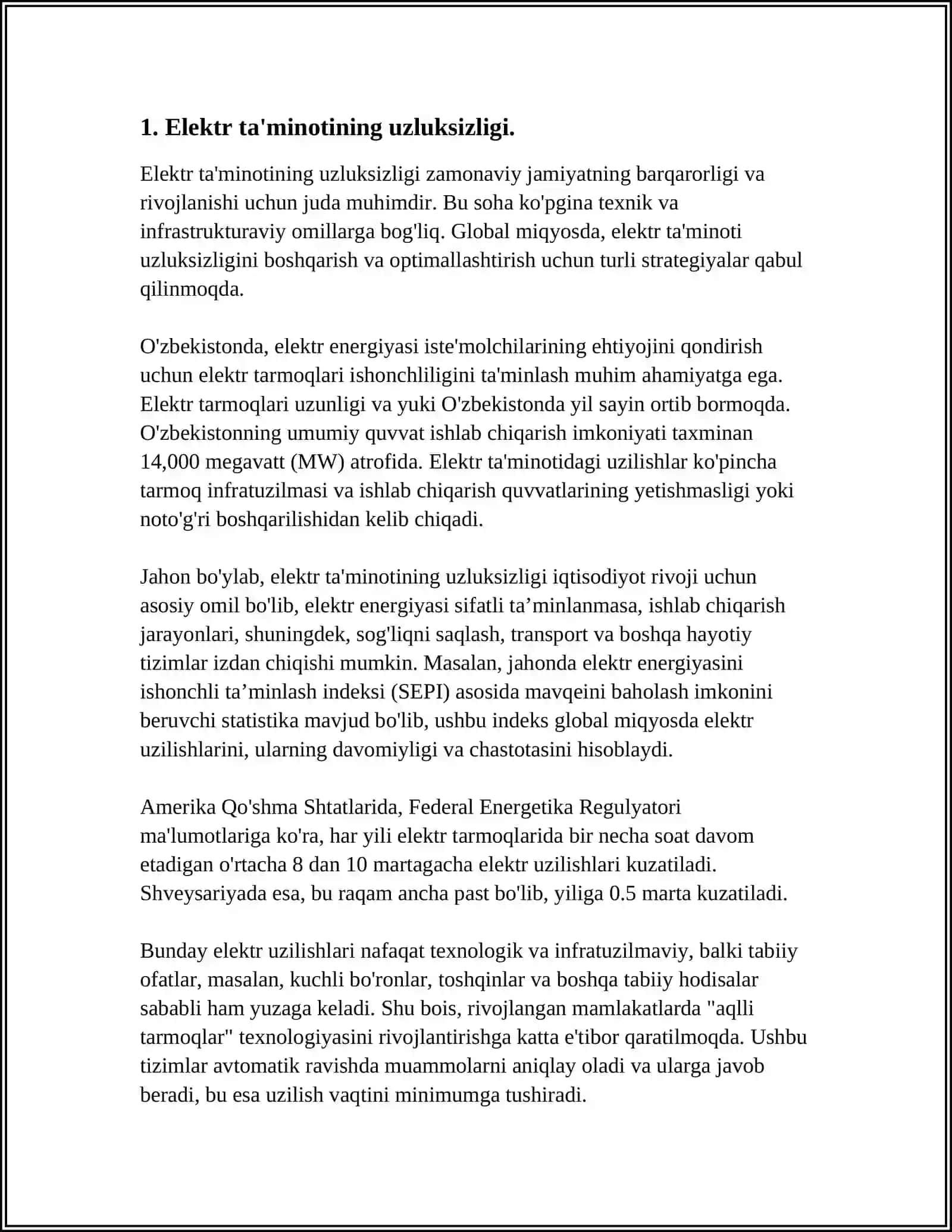 ELEKTR ENERGIYASINI UZLUKSIZ TA'MINLASH DARAJASI BO'YICHA ISTE'MOLCHILARINING BOG'LANISHI 3