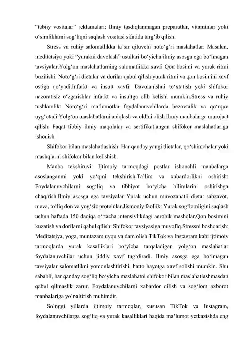 TIK TOK INSTAGRAMDA TARQALADIGAN YURAK KASALLIKLARI HAQIDAGI YOLG'ON MASLAHATLAR 3
