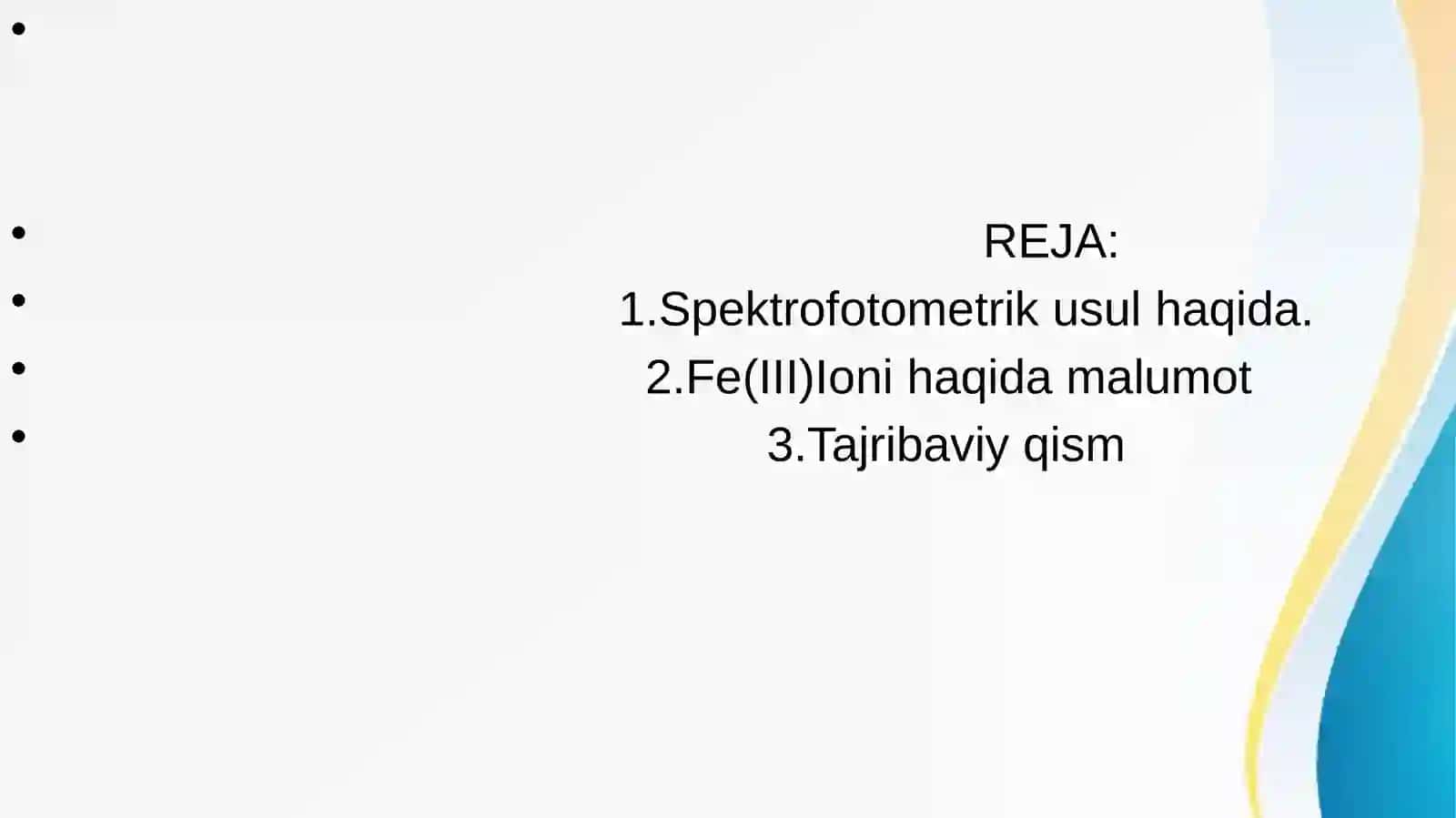 Fe(III) ionini sulfasolitsil bilan spektrofotometrik usulda aniqlashning optimal sharoitlarini o’rganish 3