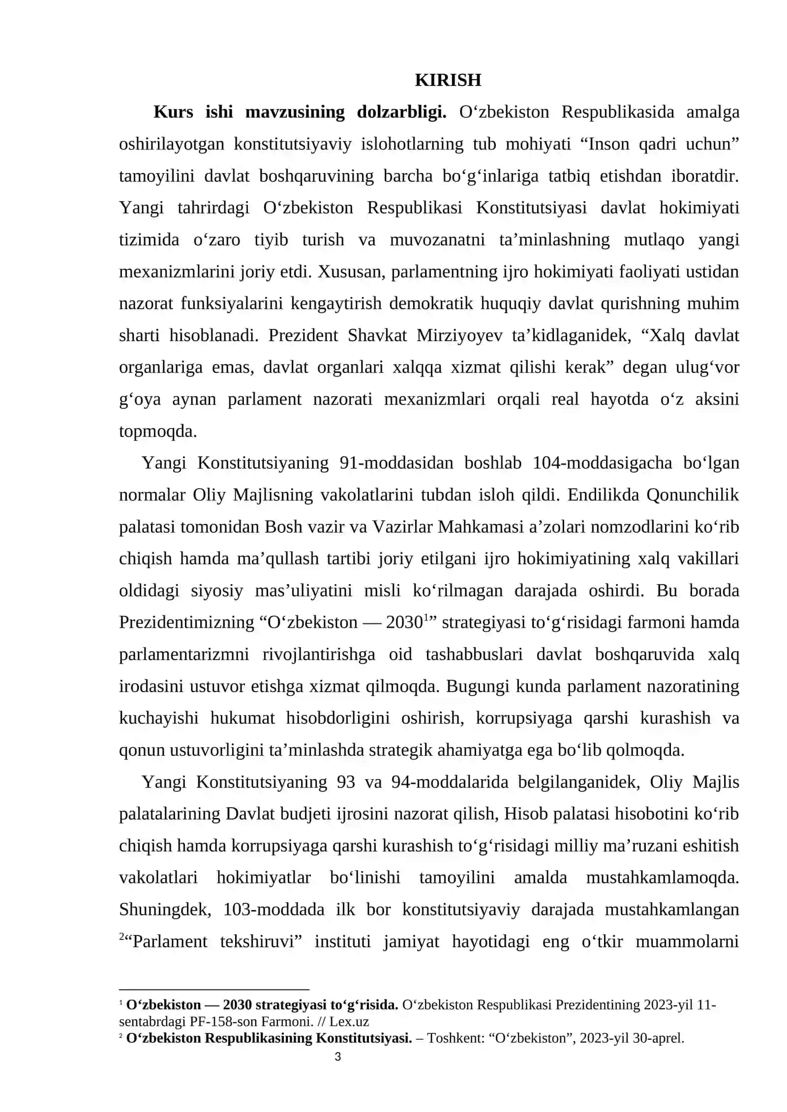 Yangi tahrirdagi Konstitutsiyada parlament nazoratining kuchayishi kurs ishi 3