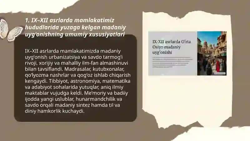 IX-Xll asrlarda mamlakatimiz hududlarida ro'y bergan madaniy uyg'onish (Renessans) 3