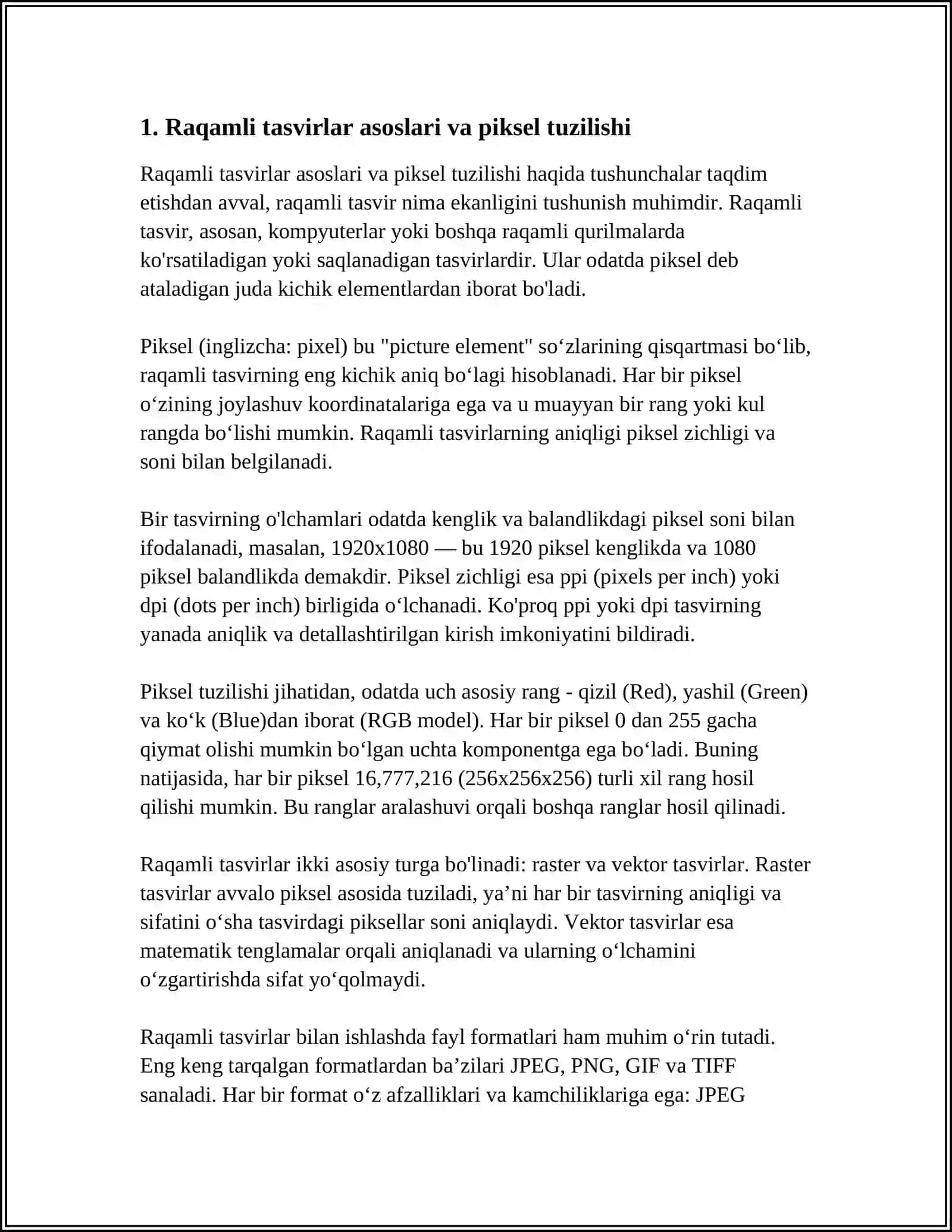 RAQAMLI TASVIRLAR VA ANIMATSIYA TEXNOLOGIYALARI 3