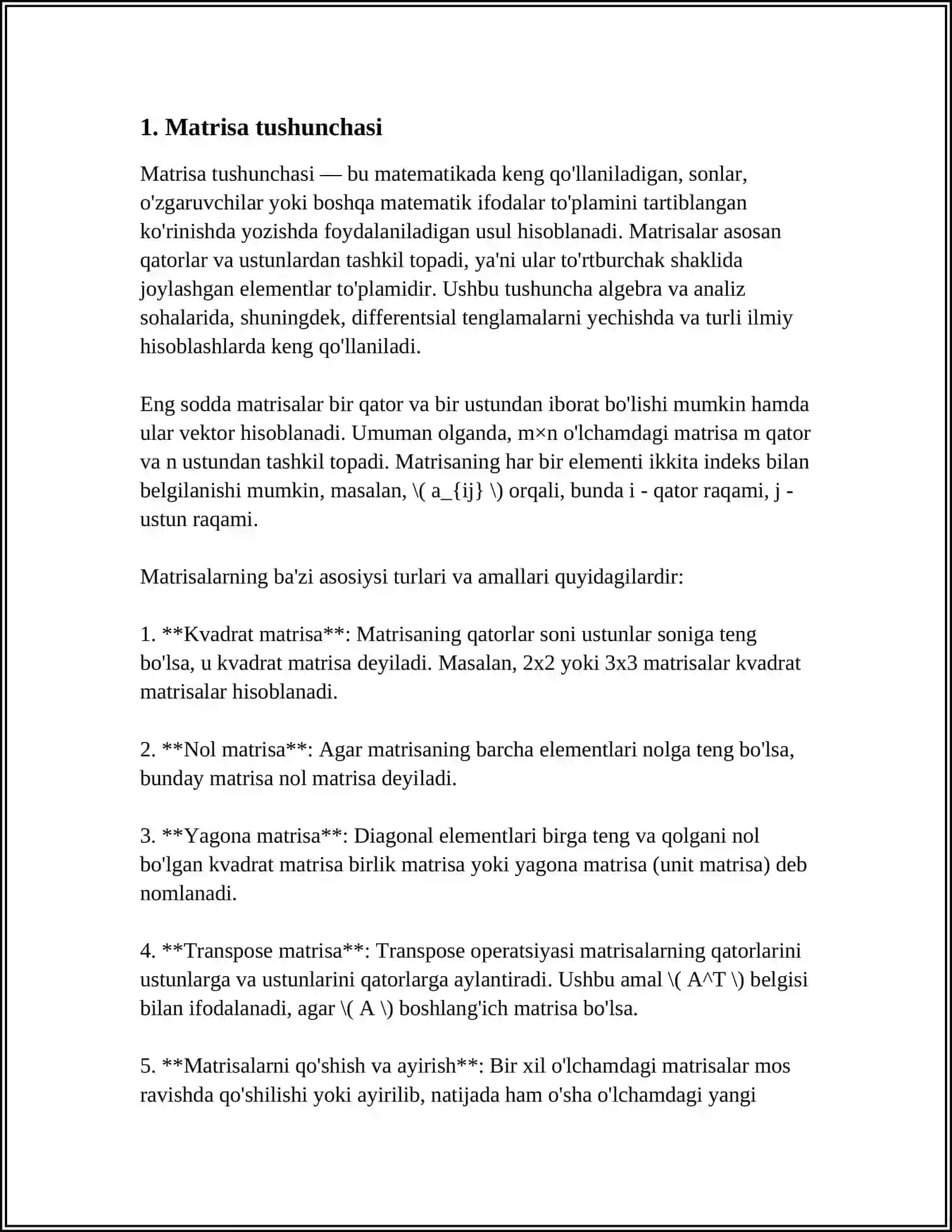 MATRILSALAR:ASOSIY TUSHUNCHASI VA TA'RIFLAR.MATRITSAL USTIDAN AMALLAR 3