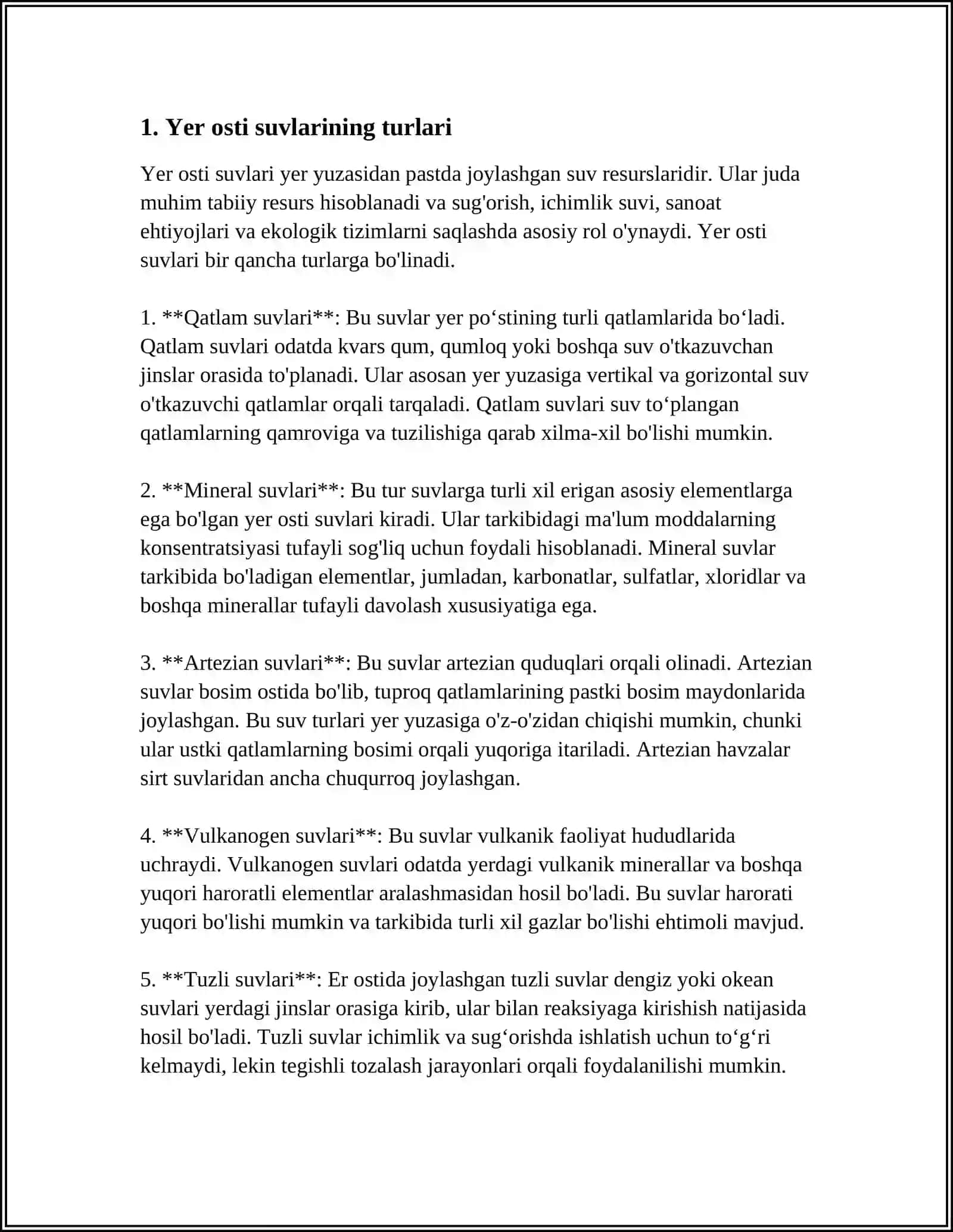 YER OSTI SUVLARNING TURLARI, HOSIL BO'LISHI VA TARKIBI 3