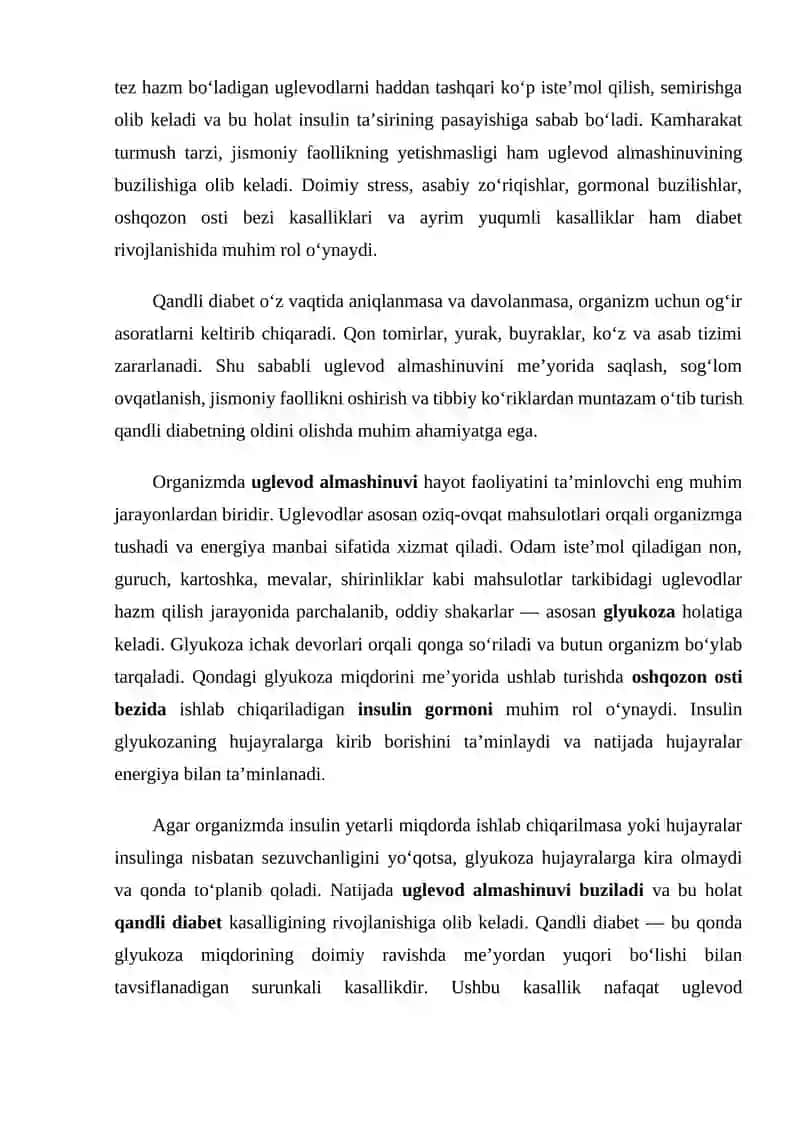 Organizmda uglevod almashinuvi,qandli diabet kasalligi va uni kelib chiqish sabablari 3