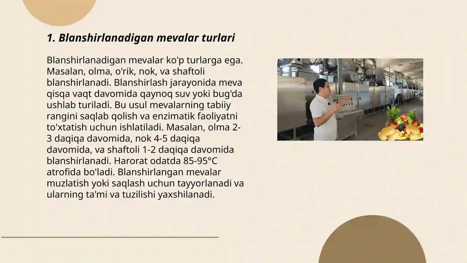 MEVA VA SABZAVOTLARNI BLANSHIRLASH QURILMALARINI TEXNOLOGIK JARAYONINI O‘RGANISH VA TAHLIL QILISH 3
