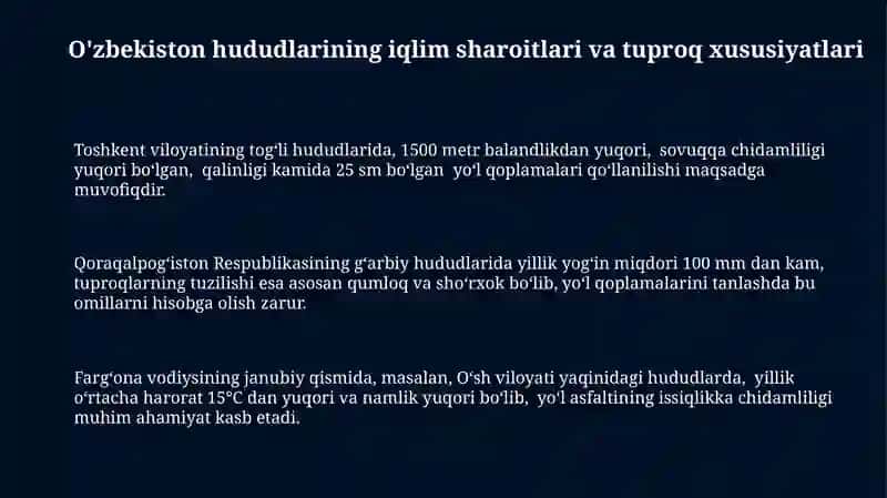 O'zbekistonda hududiy sharoitidan kelib chiqib yo'l tashamasi konstruksiyalar tanlash tamoyili 3