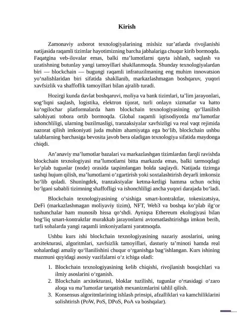 Blockchain texnologiyasi va uning dasturiy ta'minoti Kurs ishi WORD 3