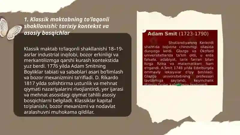 Klassik maktab tola shakllanishi.A.Smit, D.Rikardoning ijtimoiy talimoti 3