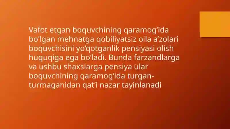 Boquvchisini yo'qotganlik pensiyasi.tayinlash, hisoblash va to'lash tartibi. 3