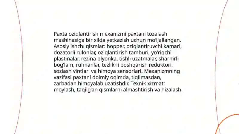 Paxtani mayda iflosliklardan tozalash mashinasini ishchi qismlarini o'rganish 3