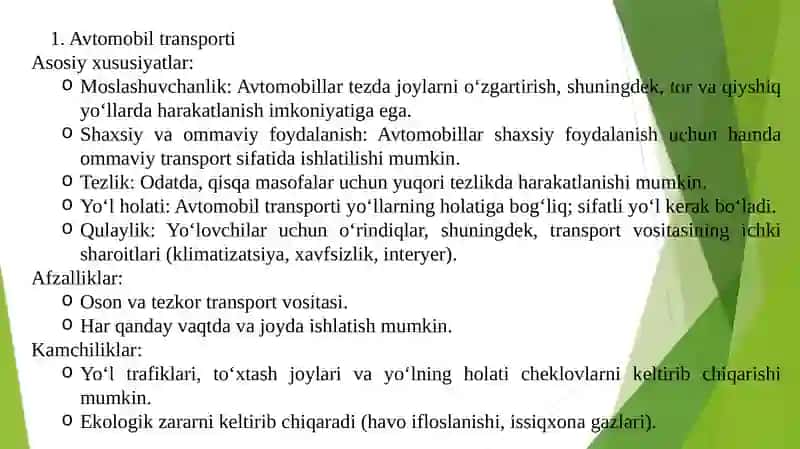 3-amaliy mashg’ulot: Har bir transport turining o‘ziga xos xususiyatlari 3