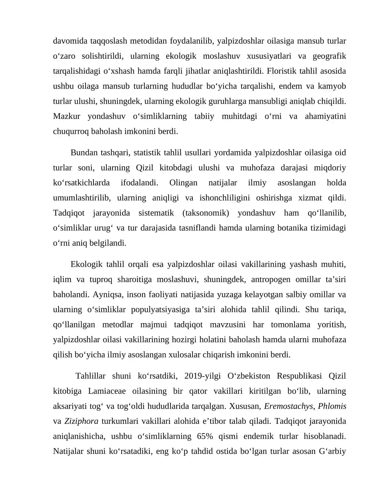 OʻZBEKISTON RESPUBLIKASI QIZIL KITOBI (2019) ASOSIDA YALPIZDOSHLAR (LAMIACEAE) OILASI VAKILLARINING FLORISTIK TAHLILI 3