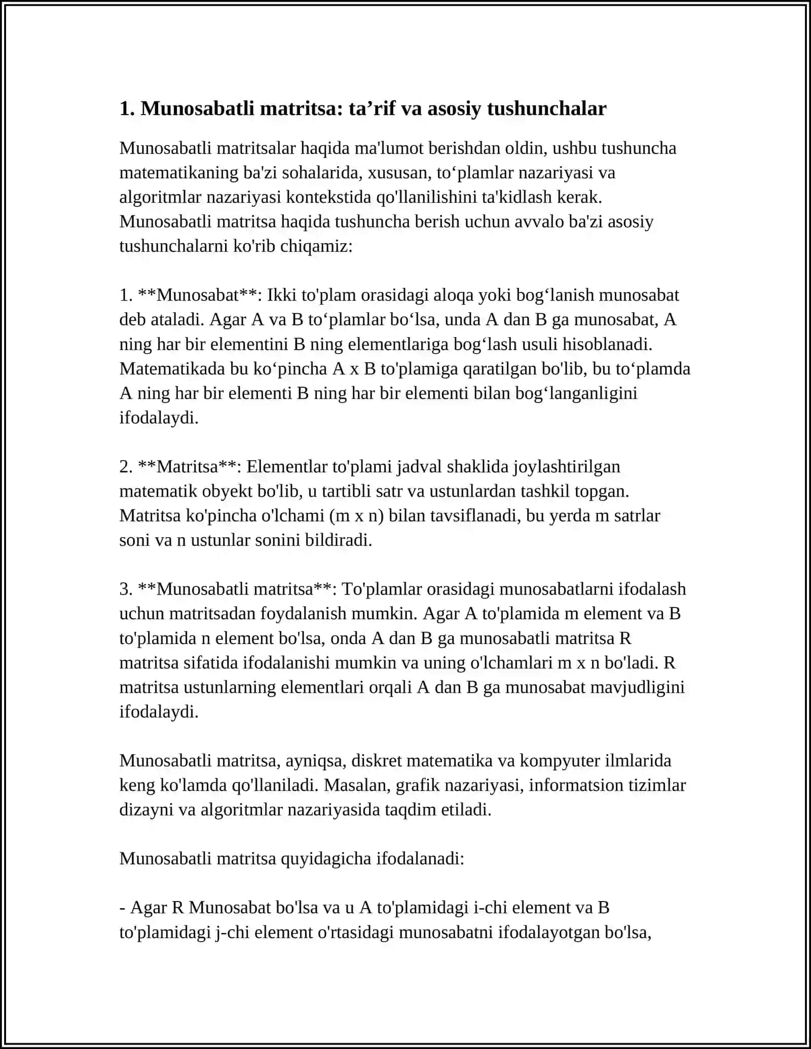 GRAFLARNI TASVIRLASH USULLARI: MUNOSABATLI MATRITSASI 3