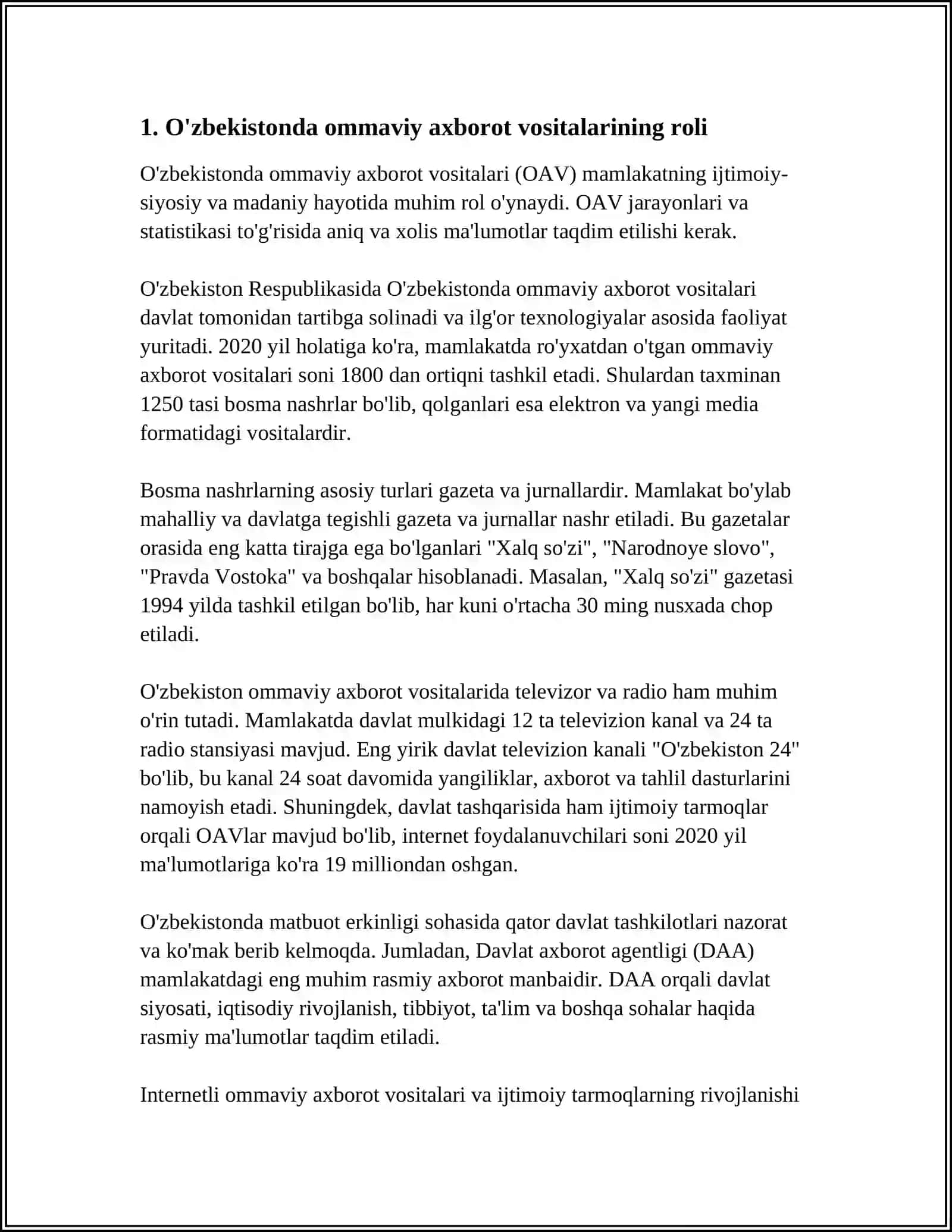 O'ZBEKISTON RESPUBLIKASI OMMAVIY AXBAROT VOSITALARINING FAOLIYATI. ( O'ZGARISH VA MUAMMOLAR) 3
