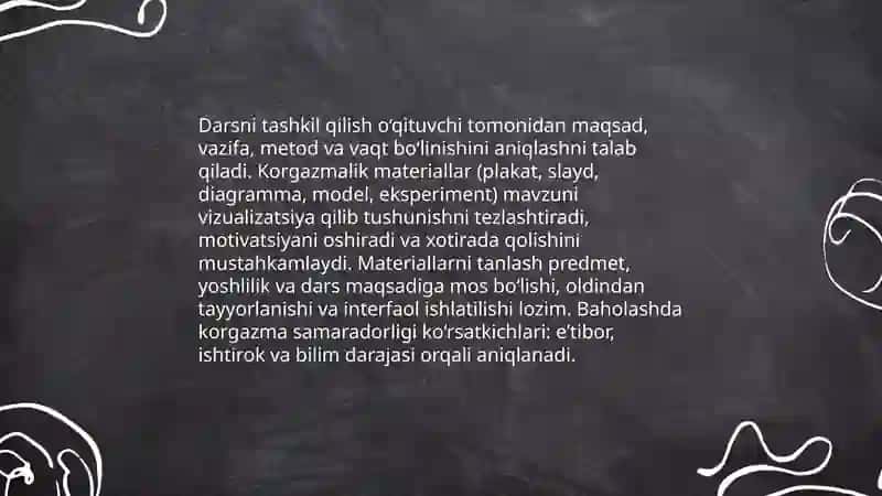 Darsni tashkil qilish korgazmalik hamda dedaktik materiallardan foydalanish 3