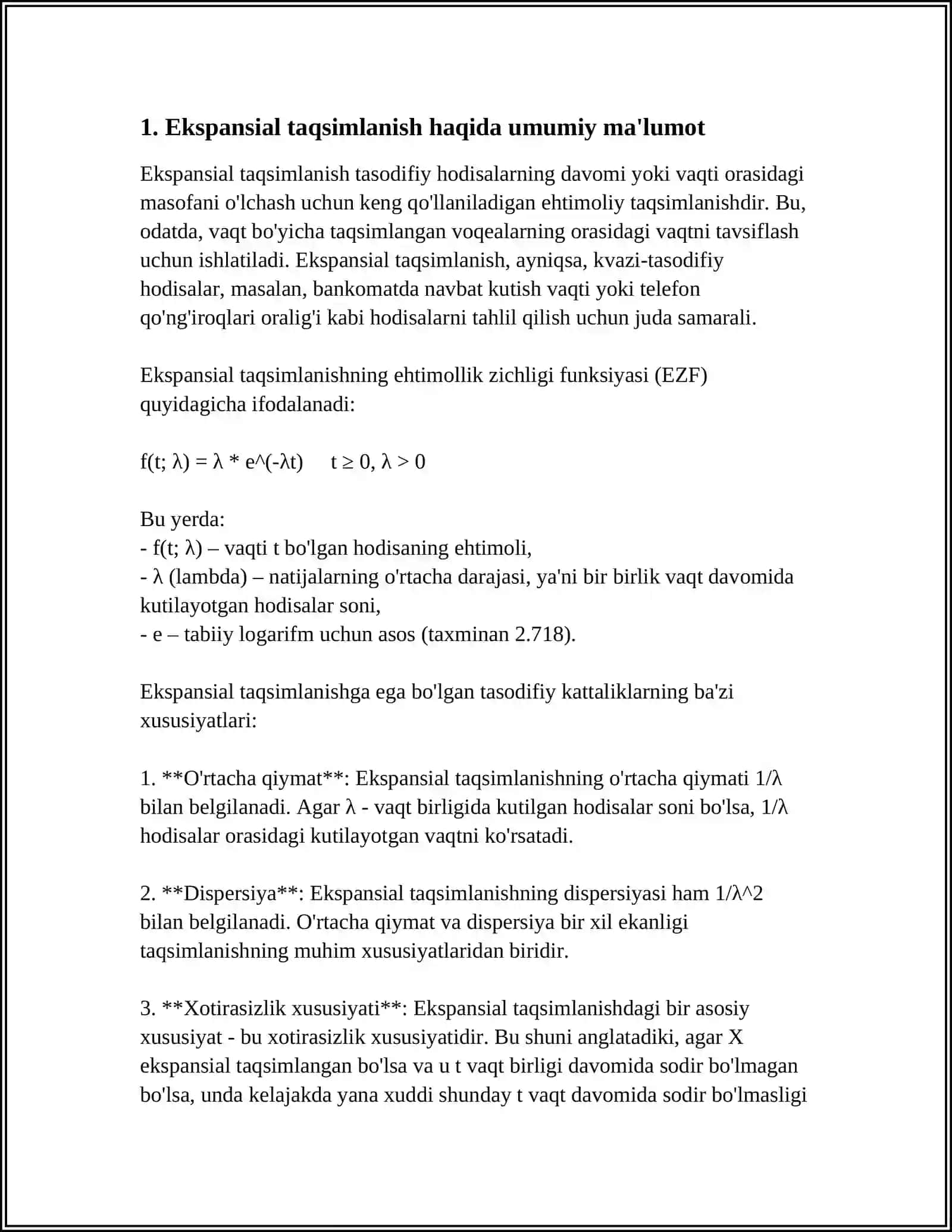EKSPONENSIAL, NORMAL, VEYBULLA TAQSIMLANISH QONUNLARI 3