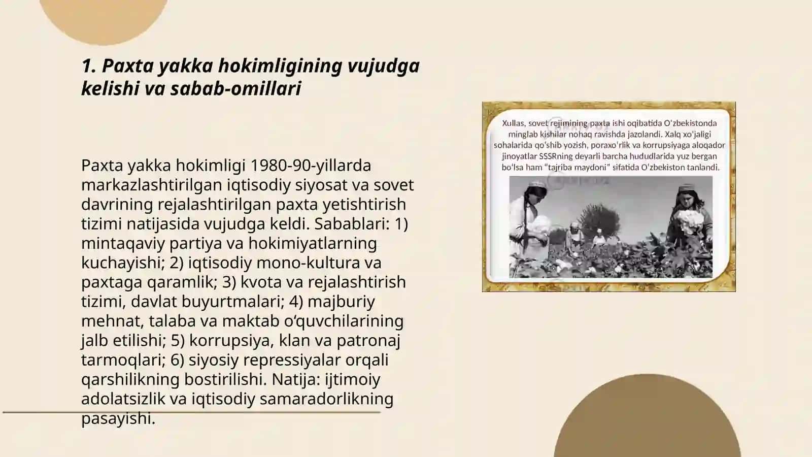 O‘zbekistonda 80-90 yillaridagi ijtimoiy-siyosiy vaziyat: paxta yakka hokimligi va qatag‘onliklar 3