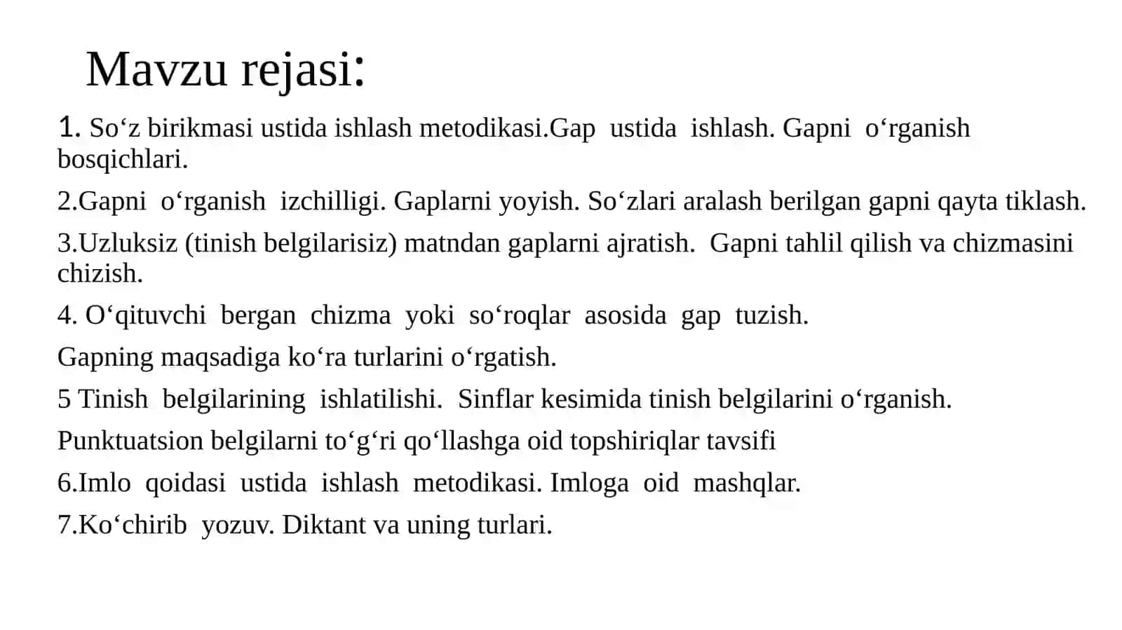 Boshlang‘ich sinflarda sintaksis elementlari ustida ishlash metodikasi. Boshlang‘ich sinf o‘quvchilarini tinish belgilarining ishlatilishi bilan tanishtirish. Orfografiyani o‘qitish metodikasi 3