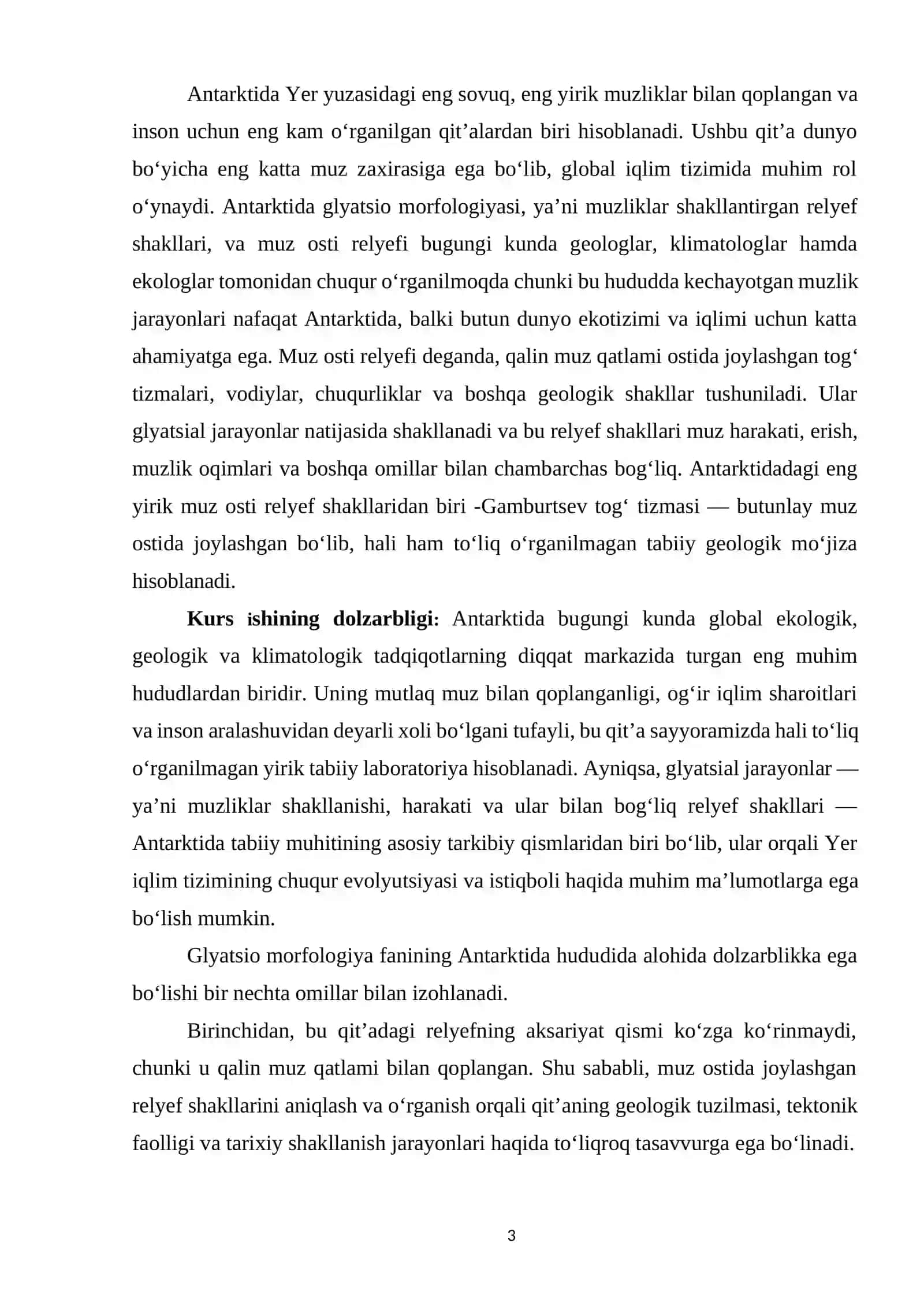 Antarktida glyatsiomorfologiyasi va muz osti relyefi KURS ISHI 3