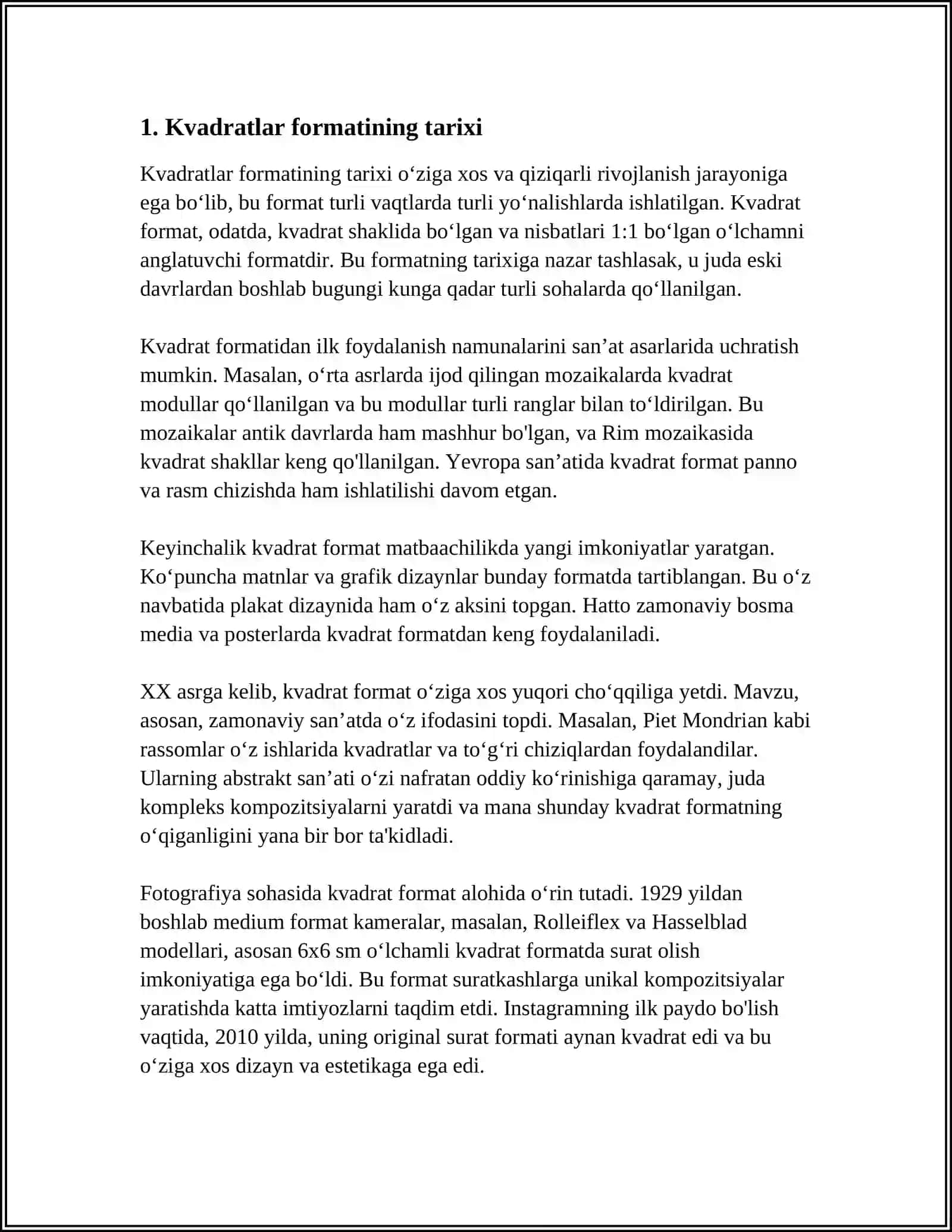 MUSTAQIL ISH Mavzu: KVADRATLAR FORMASI 3