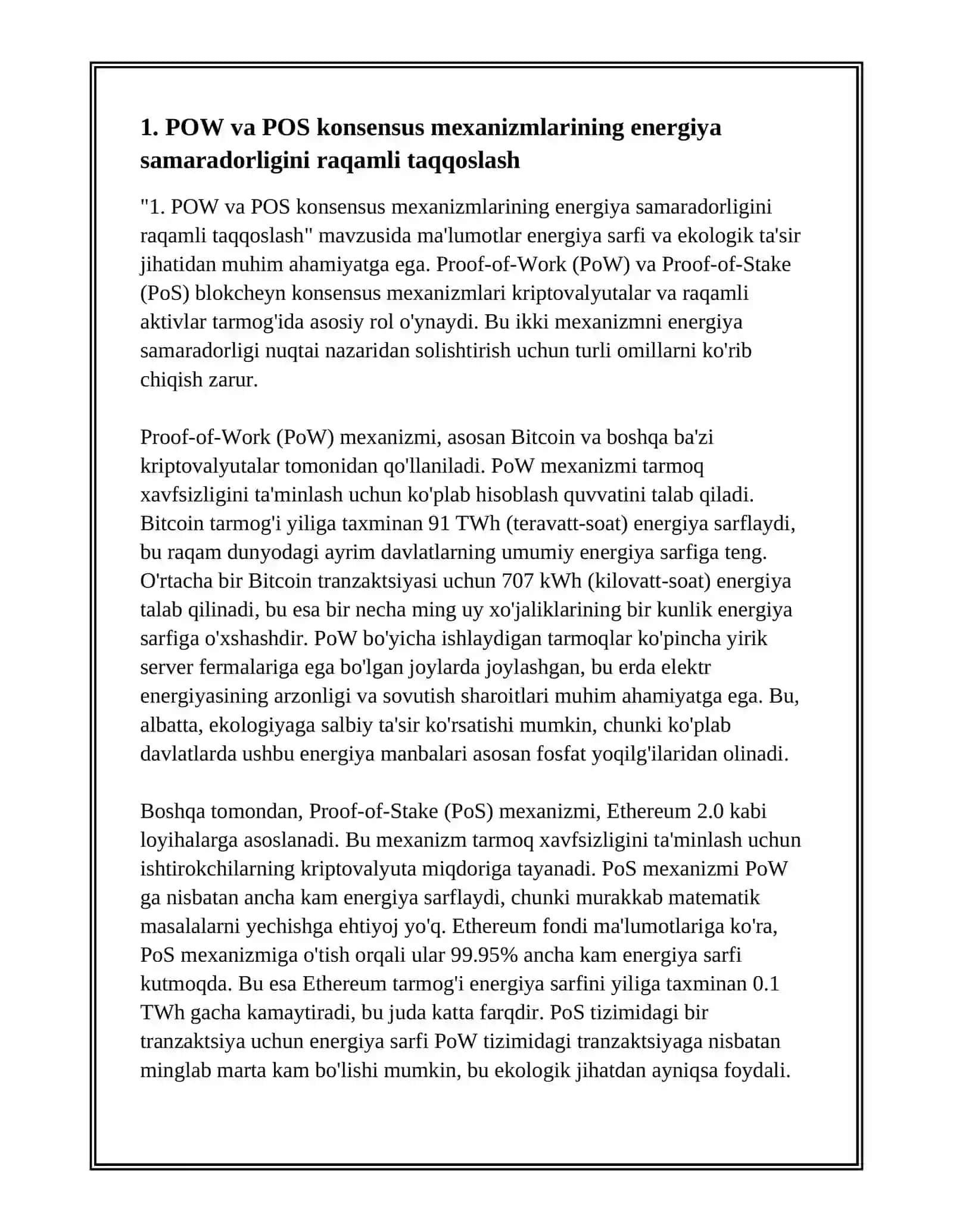 ENERGIYA VA EKOLOGIYA: POW VA POS KONSENSUS MEXANIZMLARINI RAQAMLI DALILLAR ASOSIDA BAHOLASH 3