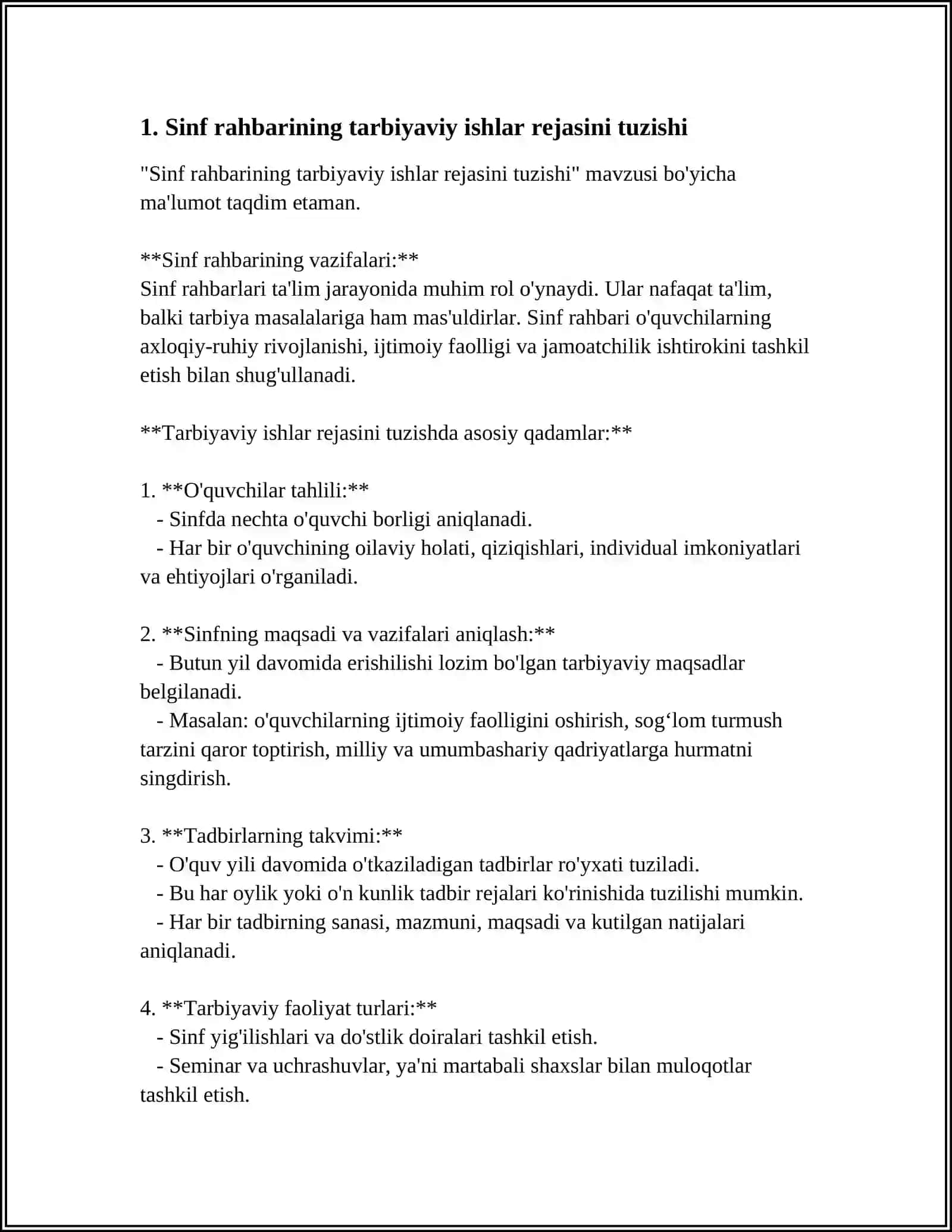 MUSTAQIL ISH Mavzu: MAKTABDAGI TARBIYAVIY ISHLAR TIZIMIDA SINF RAHBARINING FAOLIYATI 3