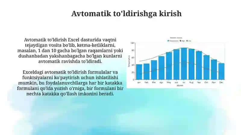 Excel dasturida avtoto’ldirishlar va avtohisoblashlar. Diagrammalar yaratish 3