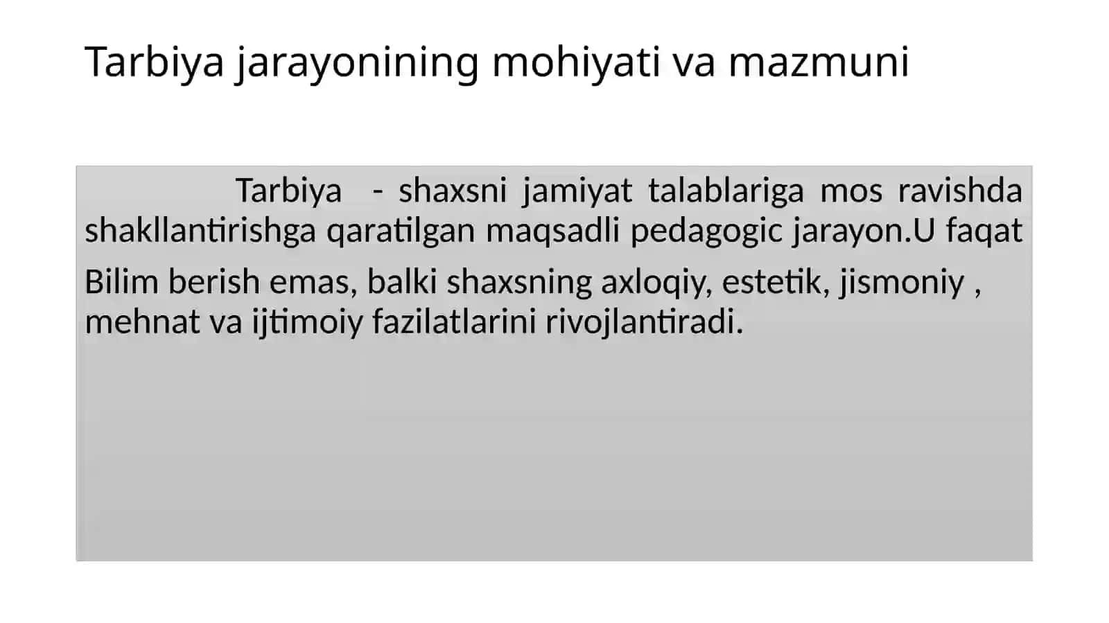 Tarbiya jarayonining mohiyati va mazmuni. Tarbiya qonuniyatlari va tamoyillari. Tarbiyaning umumiy metodlari. Ta’lim muassasasi menejmenti. Korreksion pedagogika asoslari. Inklyuziv ta’lim 3