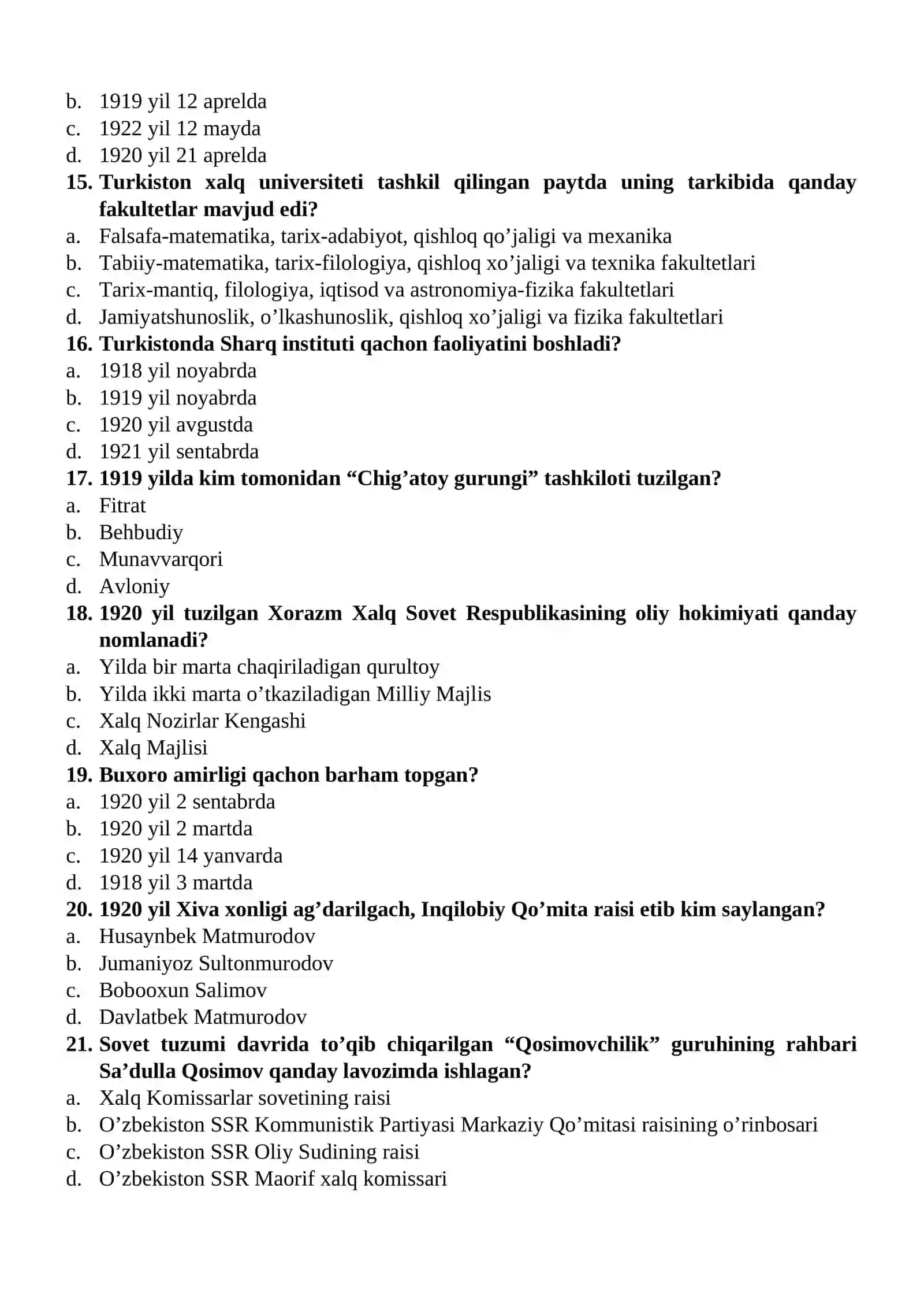 O’zbekiston tarixi fanidan yakuniy davlat attestatsiyasi uchun test savollari to’plami: 1 qism 3