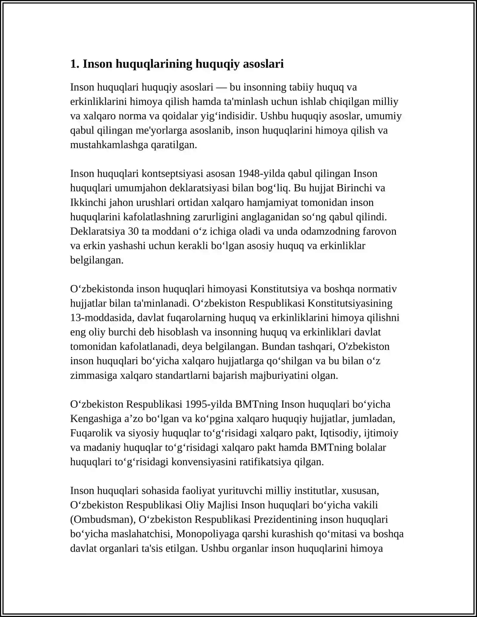 ISLOMDA INSON XUQUQIGA VA ERKINLIKLARING TAMINLASH O'ZIGA XOS JIHATLARI SAVOLLAR 3