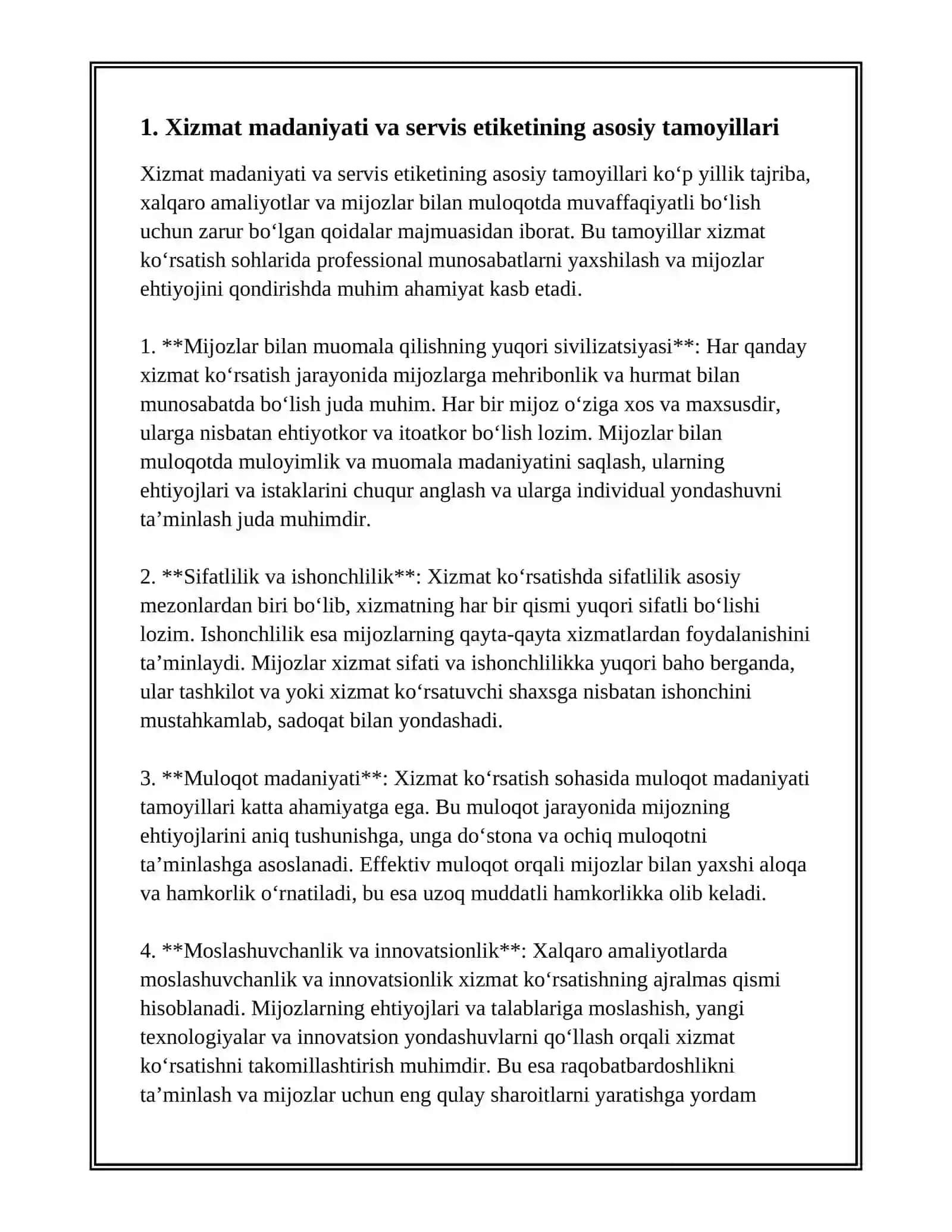 XIZMAT KOʻRSATISH MADANIYATI VA SERVIS ETIKETI: XALQARO AMALIYOTLAR 3
