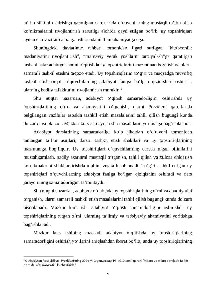 ADABIYOT O'QITISH SAMARADORLIGINI OSHIRISHDA UY TOPSHIRIQLARINING O'RNI 3