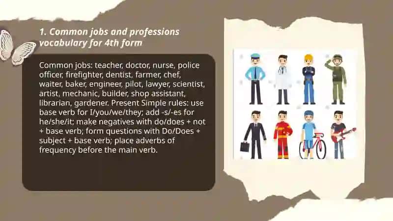 Jobs and professions for 4th form with grammar rules about present simple 3